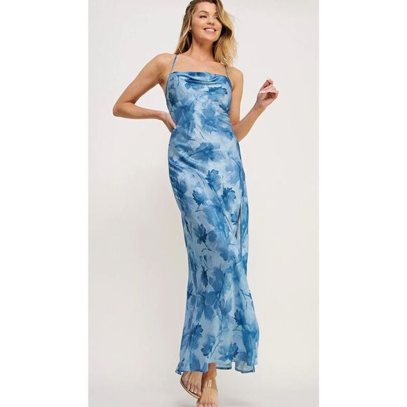Sweet Lemon Womens Floral Crisscross Back Fully Lined Maxi Dress Blue Large NWT